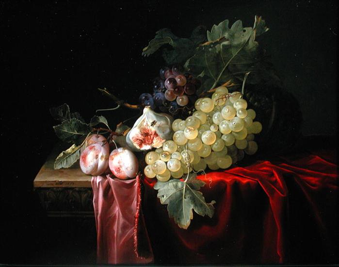 bukiety - A-still-life-with-grapes-plums-figs-and-a-melon-on-a-partly-draped-stone-ledge-1653-xx-Willem-van-Aelst.jpg