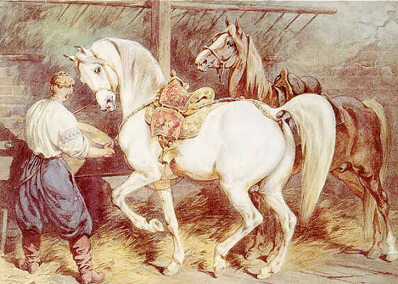 OBRAZY MALOWANE - 05.Juliusz Kossak, W stajni, akw. 1866.jpg