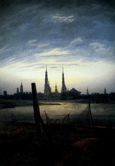 Friedrich Caspar ... - Stadt bei Mondaufgang Stadt am Wasser bei untergehender Sonne 1817 45,8x33 cm  wmoras.jpg